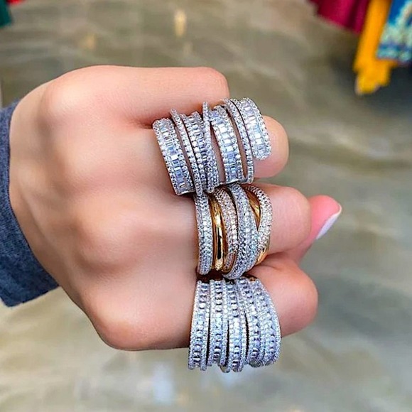 Sterling Silver Baguette Cubic Zircon Multilayer Cross Over Statement Ring - Picture 5 of 10